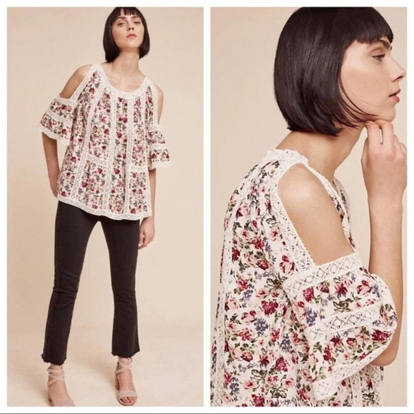 Anthropologie Tops - Anthro BLUE TASSEL Maylou Cold Shoulder Blouse NWT